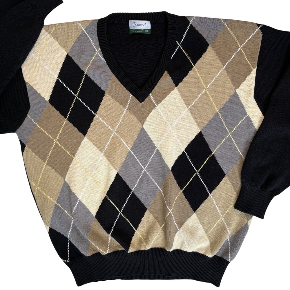 Mens Vintage Argyle V-Neck Sweater XL Black Tan Academia 90s Ivy League Preppy